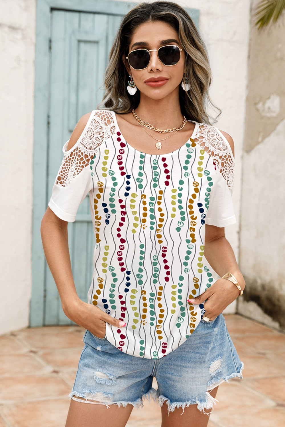 Lace Detail Round Neck Cold Shoulder Blouse