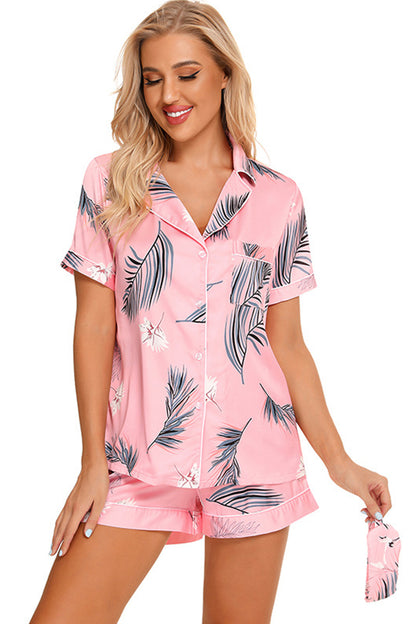 Printed Button Up Short Sleeve Top and Shorts Lounge Set