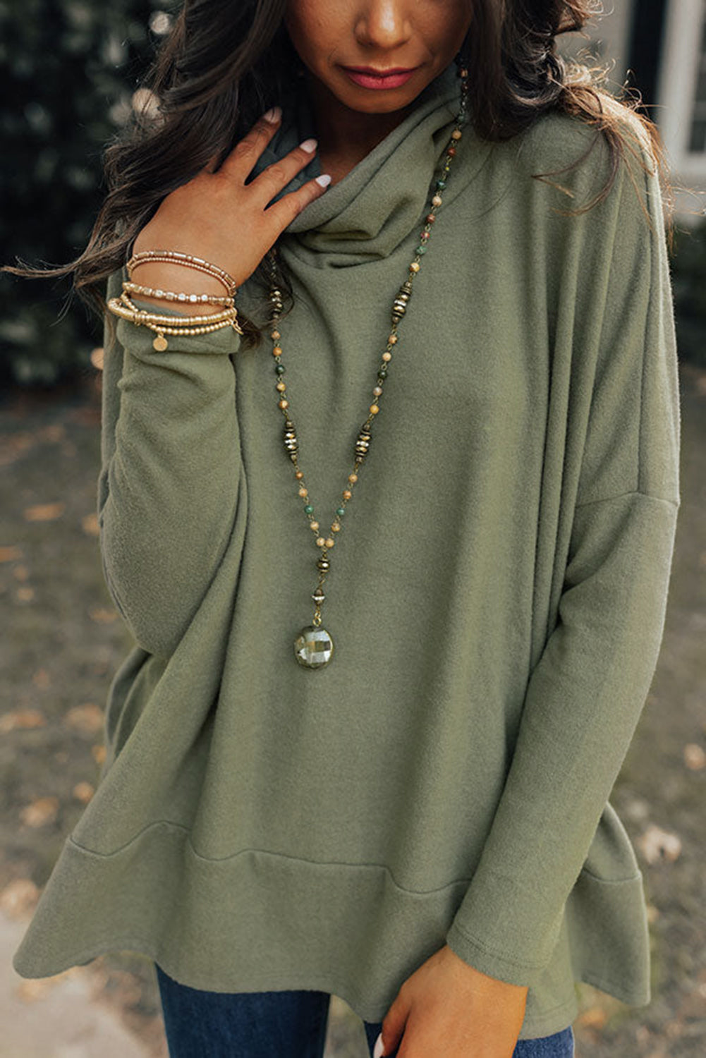 Green Cowl Neck Loose Fit Tunic Top