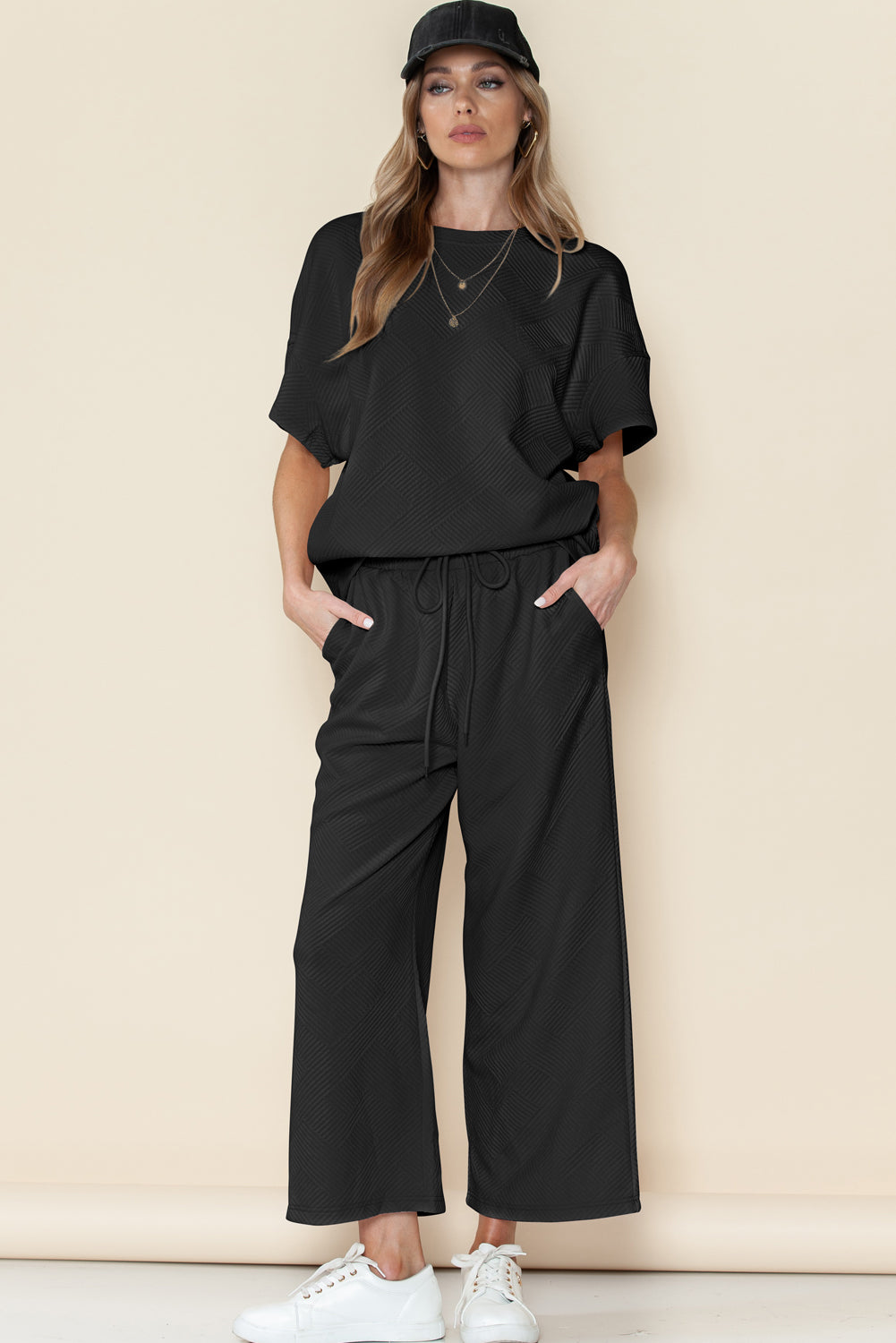 Black Textured Loose Fit T Shirt and Drawstring Pants Set