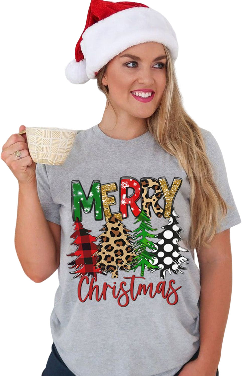 Gray Merry Christmas Tree Print Crew Neck Graphic Tee