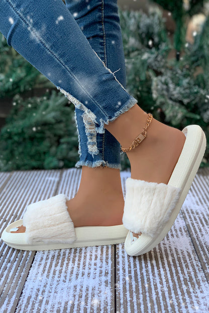 White Comfy Plush Band Open Toe Slippers