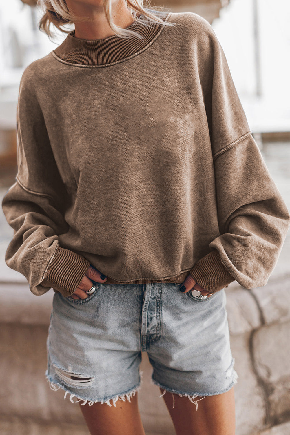 Brown Plain Drop Shoulder Crew Neck Pullover Sweatshirt