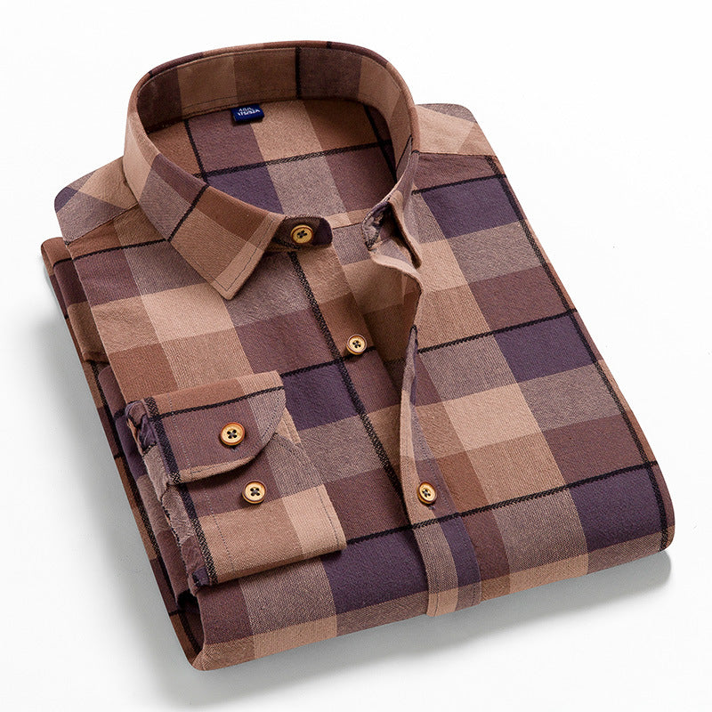 Cotton brushed plaid long-sleeved shirt