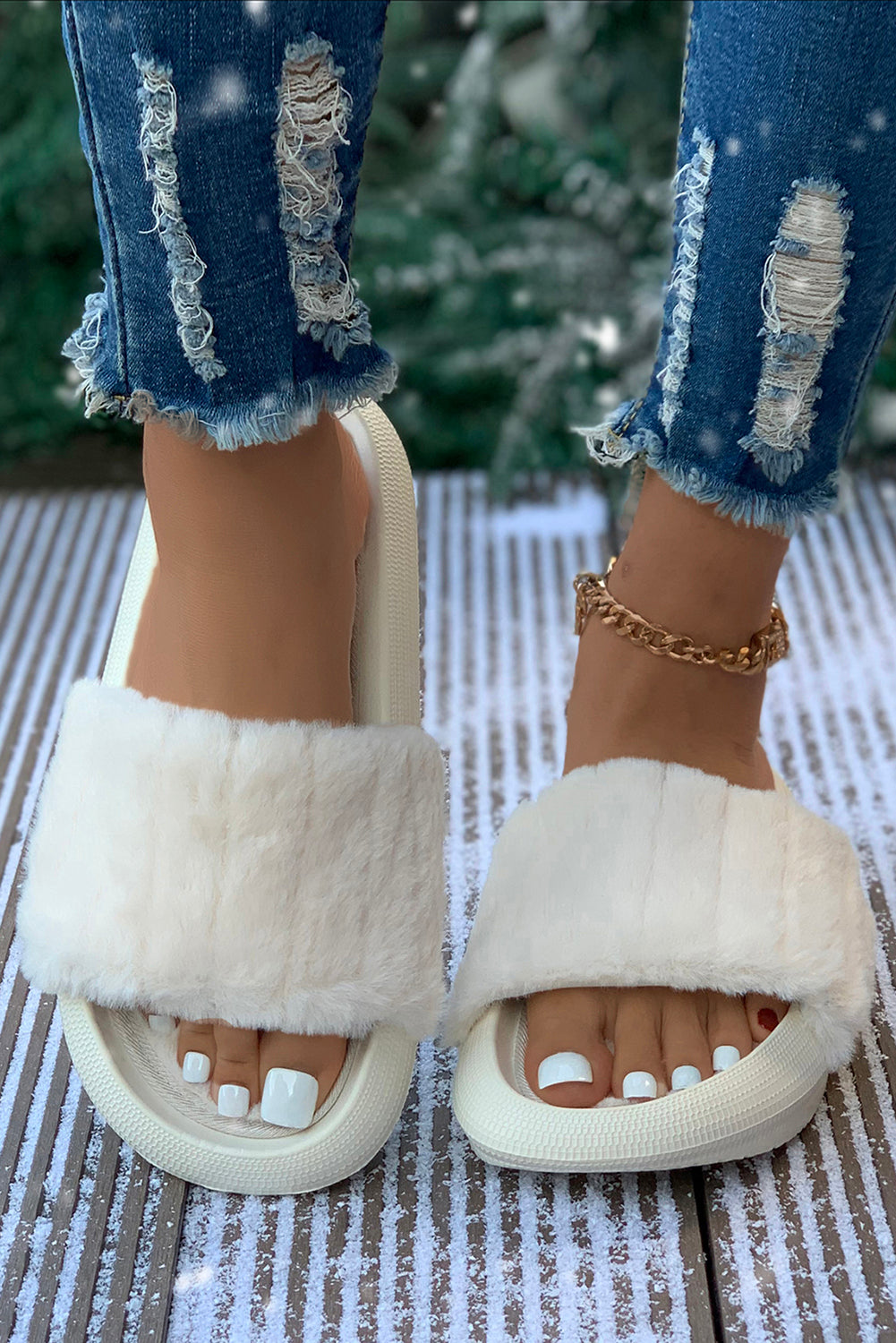 White Comfy Plush Band Open Toe Slippers