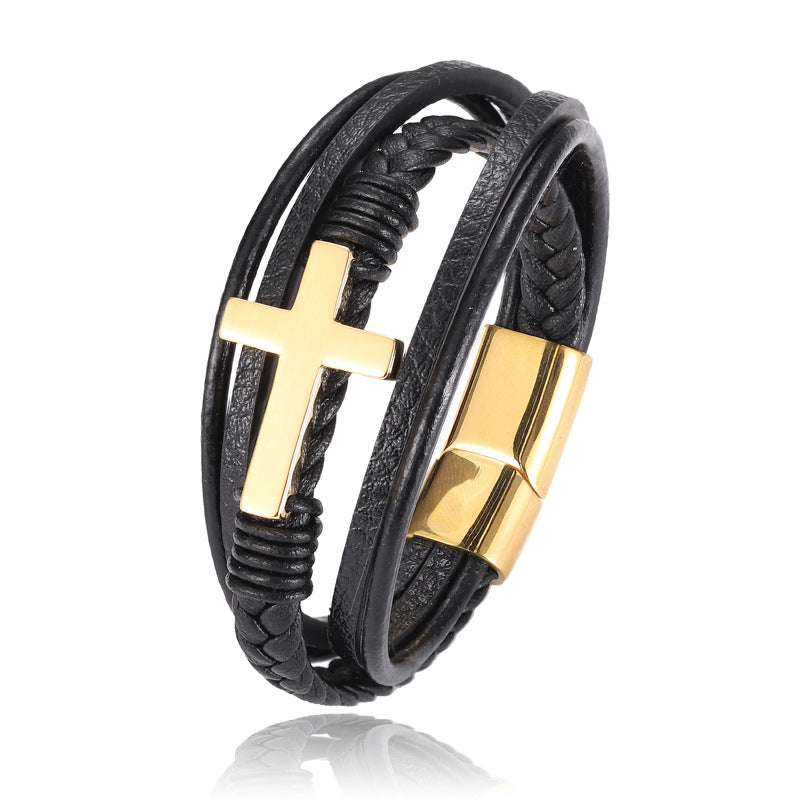 Multi-layer Braided Stainless Steel Cross Men's Bracelet