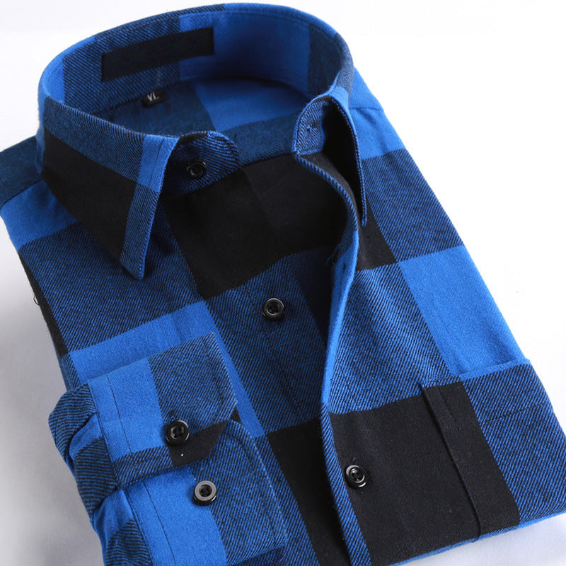 Cotton brushed plaid long-sleeved shirt