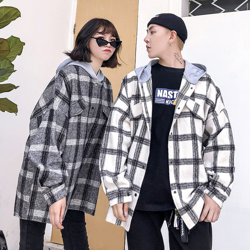 Couple plaid shirt hooded jacket