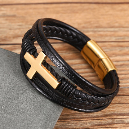 Multi-layer Braided Stainless Steel Cross Men's Bracelet