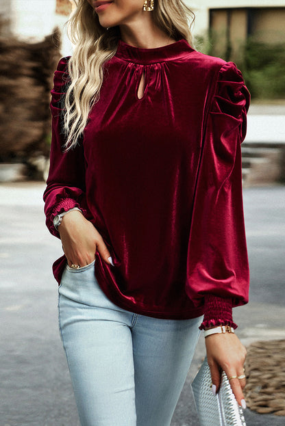 Green Keyhole Neck Puff Sleeve Velvet Blouse