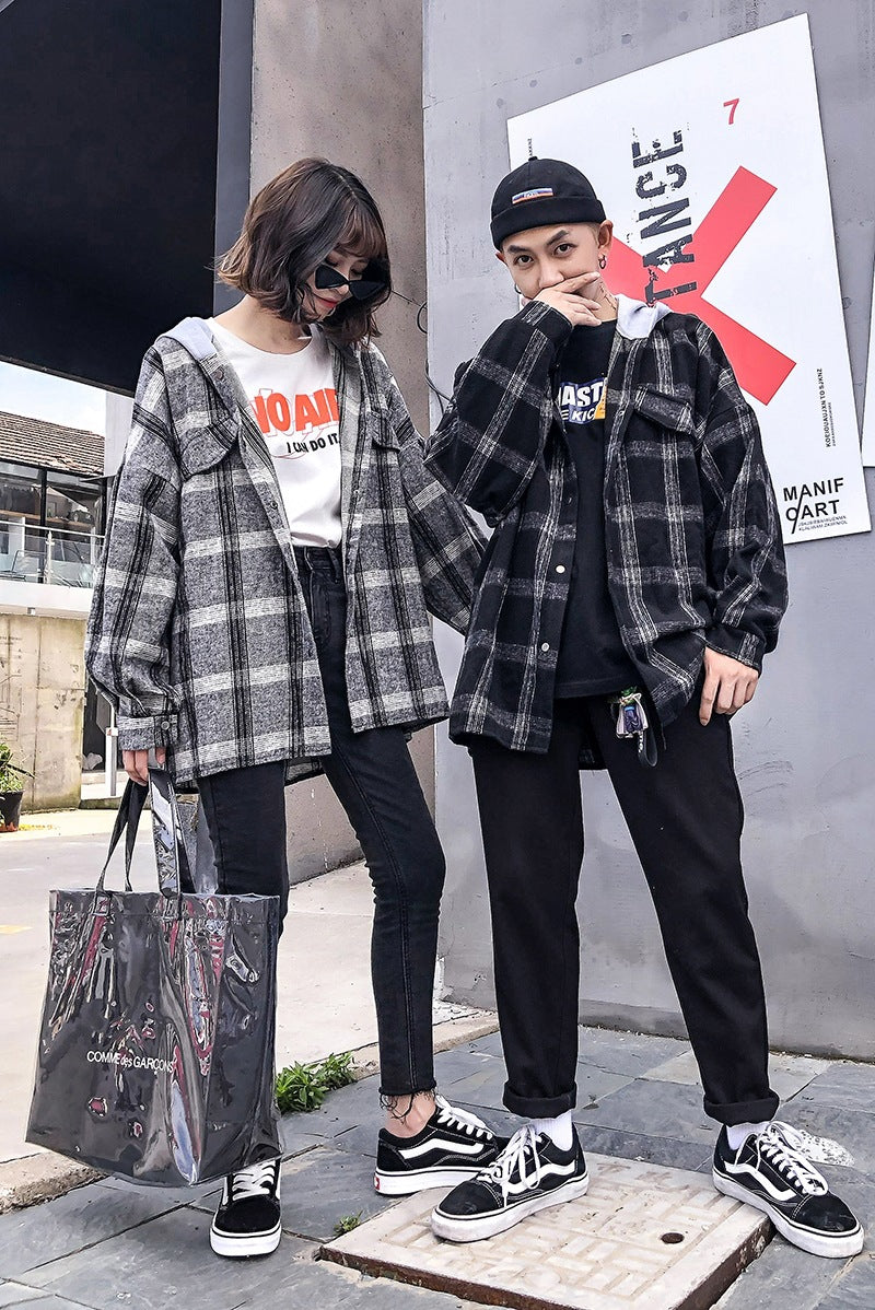 Couple plaid shirt hooded jacket