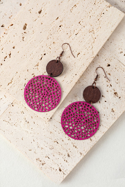 Beige Hollow Out Wooden Round Drop Earrings