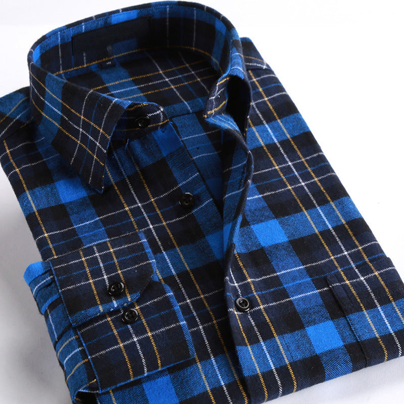 Cotton brushed plaid long-sleeved shirt