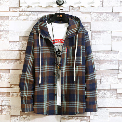 Men's Casual Plaid Youth Hooded Shirt