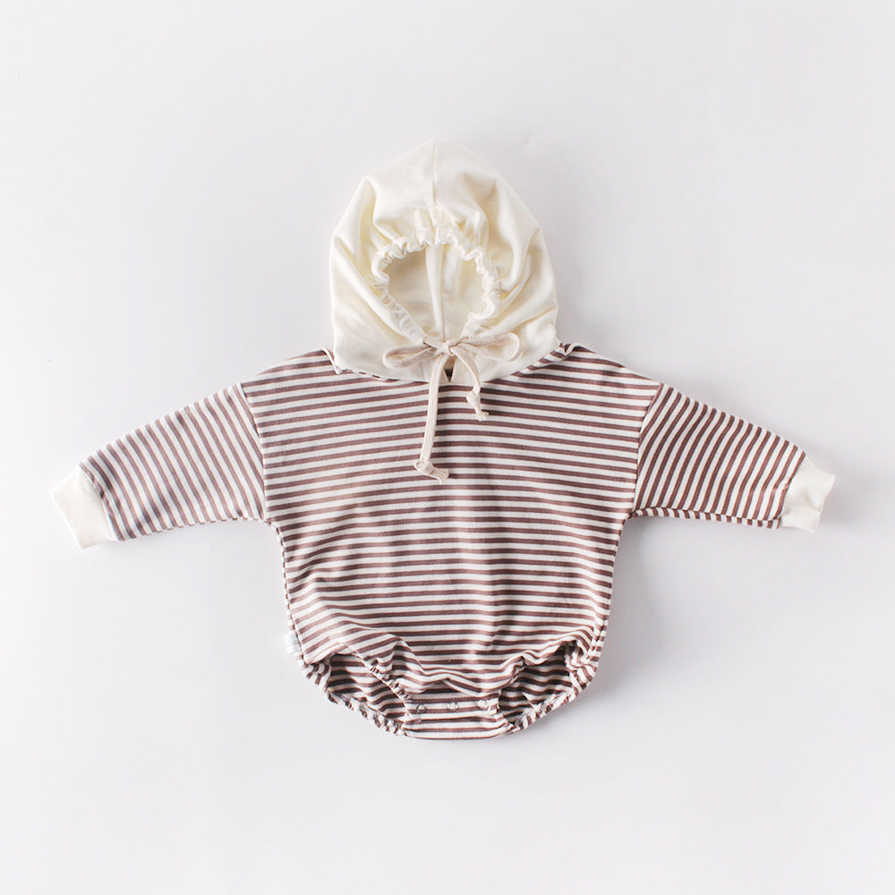 Ins Autumn Baby Striped Baby Clothes Hooded One-piece Hatching Climbing Suit Thickened