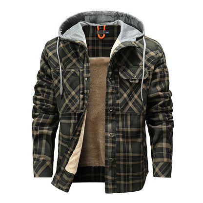 Men Warm Jacket Fleece Lining Lumberjack Plaid Hooded Jackets Snap Button