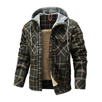 Men Warm Jacket Fleece Lining Lumberjack Plaid Hooded Jackets Snap Button