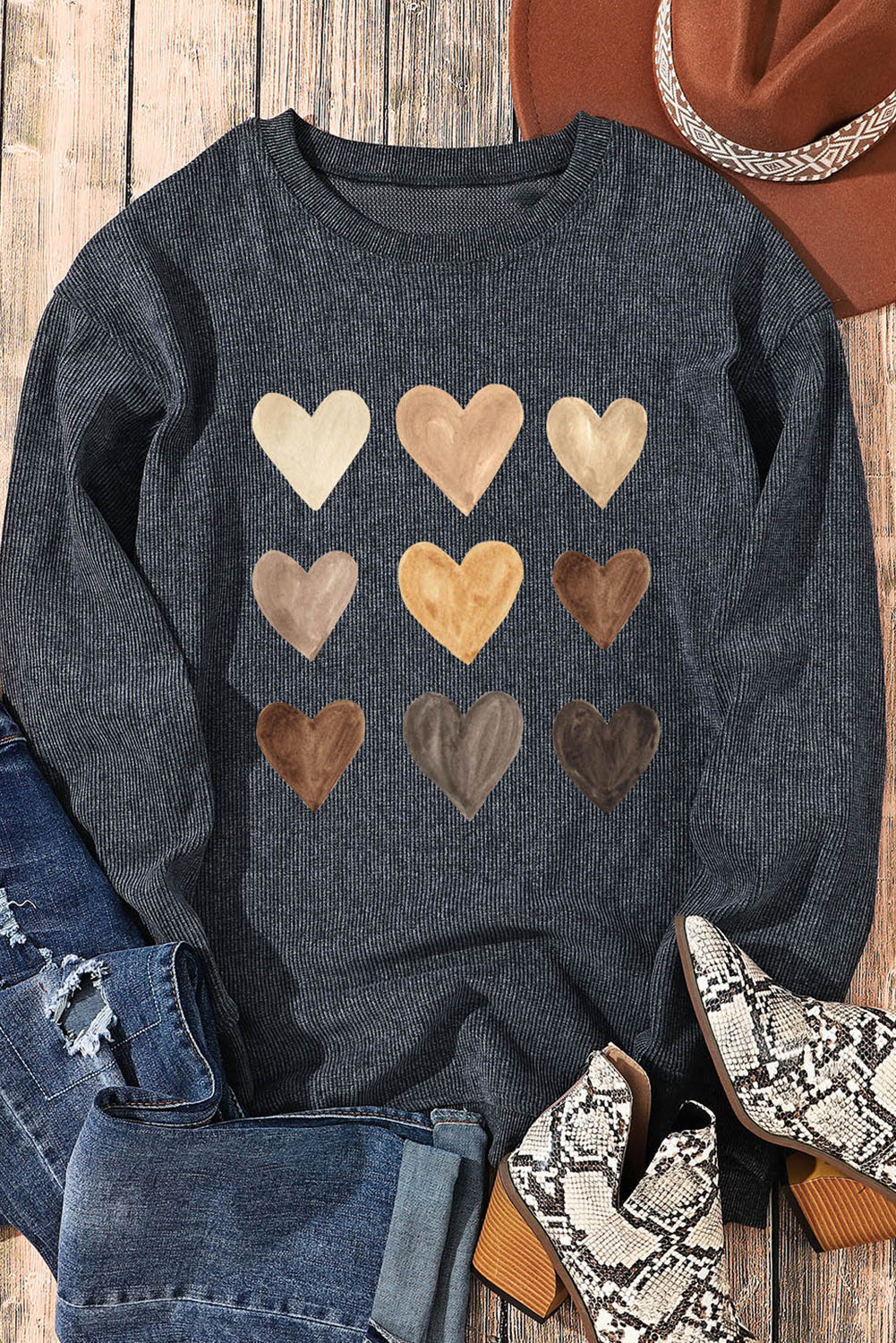 Gray Corded Valentine Heart Shape Graphic Sweatshirt