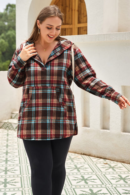 Red Plus Size Plaid Kangaroo Pocket Drawstring Hoodie