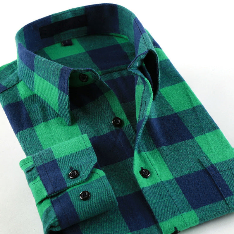 Cotton brushed plaid long-sleeved shirt