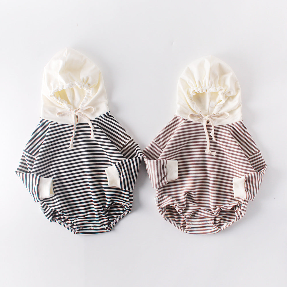 Ins Autumn Baby Striped Baby Clothes Hooded One-piece Hatching Climbing Suit Thickened