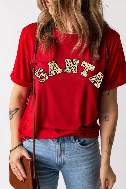 Red Leopard Printed SANTA Round Neck Graphic Tee