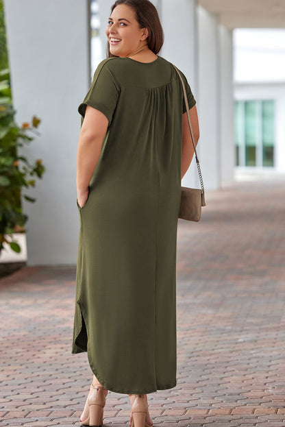 Green V Neck Rolled Cuffs Plus Size Maxi Dress