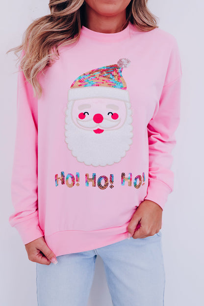 Pink HO HO HO Sequined Santa Claus Graphic Sweatshirt