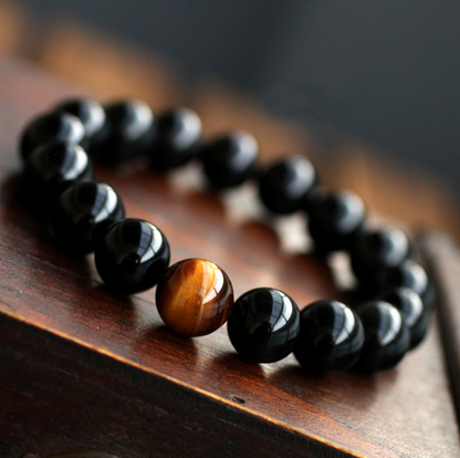 Natural Black Onyx With Stone Tiger Eyes Energy Bracelet