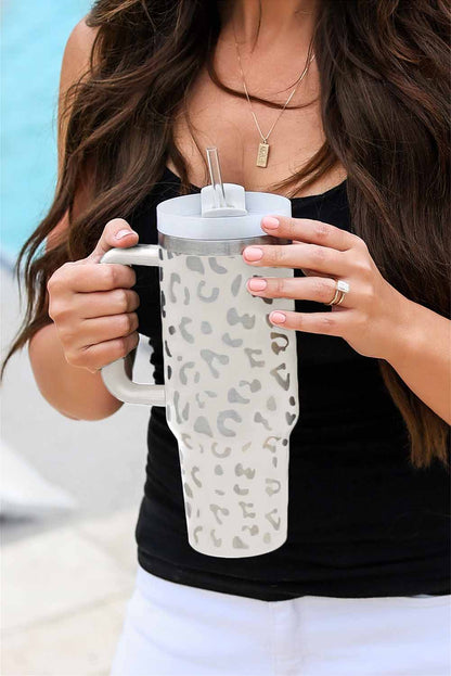 White 40oz Stainless Steel Portable Leopard Tumbler Mug With Handle