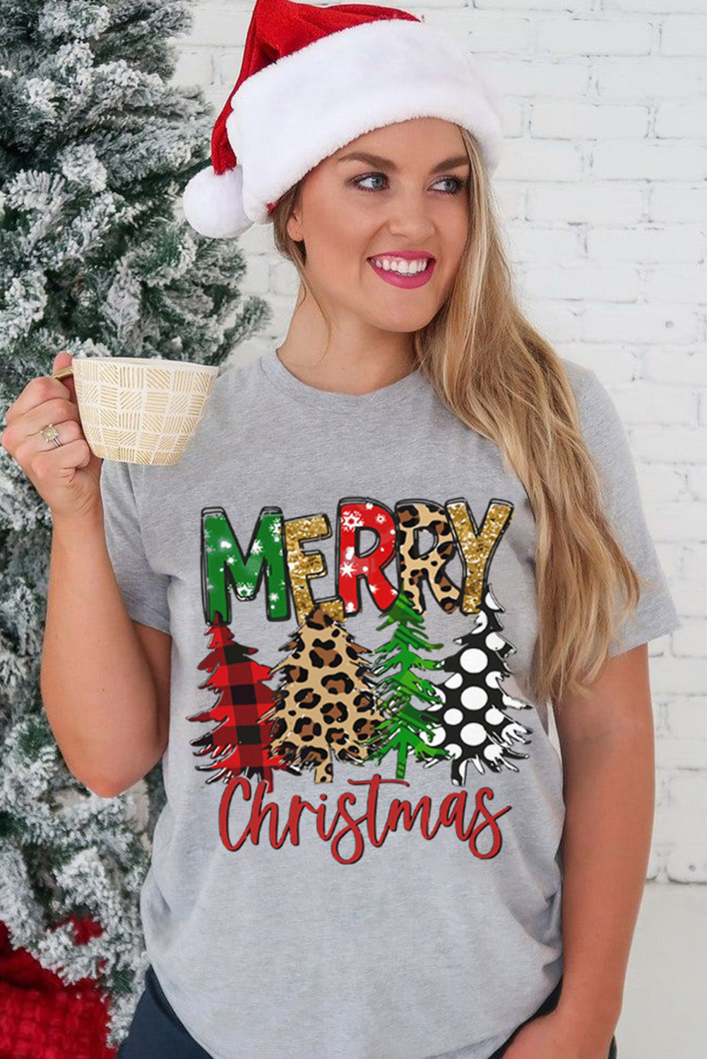 Gray Merry Christmas Tree Print Crew Neck Graphic Tee