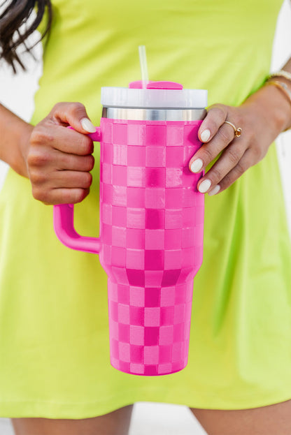 Pink Checkered Print Handled Stainless Steel Tumbler Cup