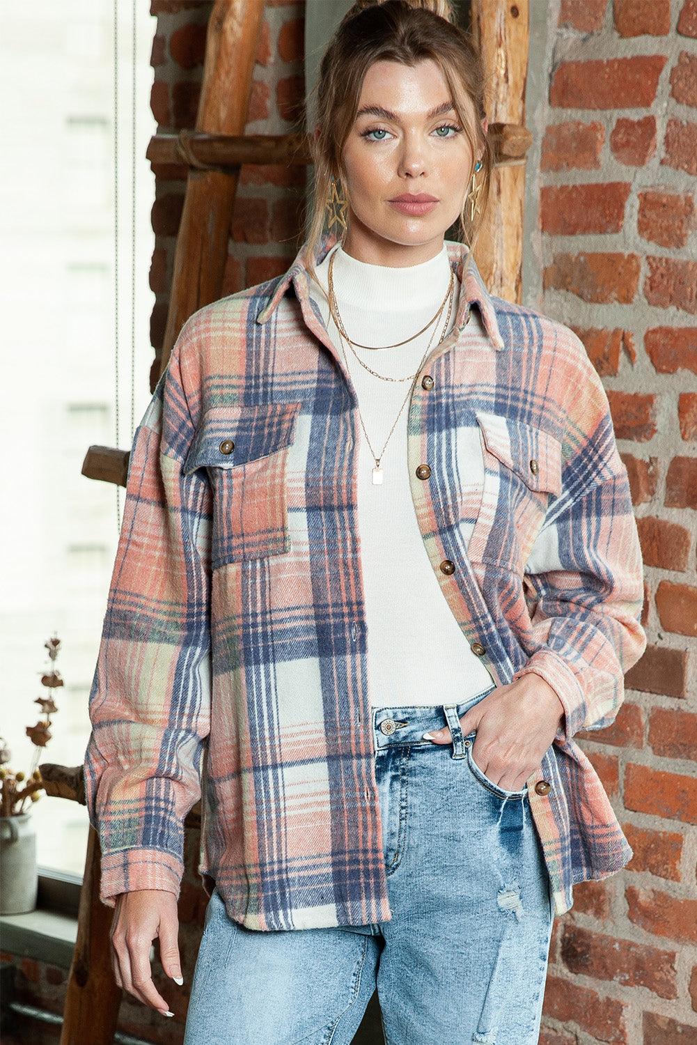 Grey Plaid Button Up Collared Flannel Shacket