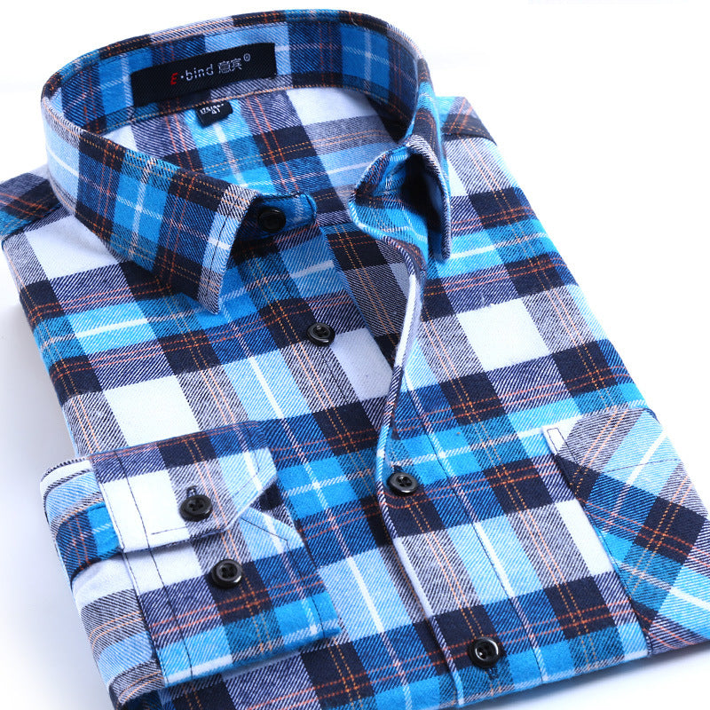 Cotton brushed plaid long-sleeved shirt