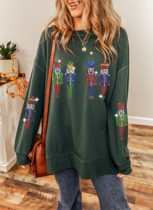 Duffel Green Sequined Figure Round Neck Graphic Sweatshirt