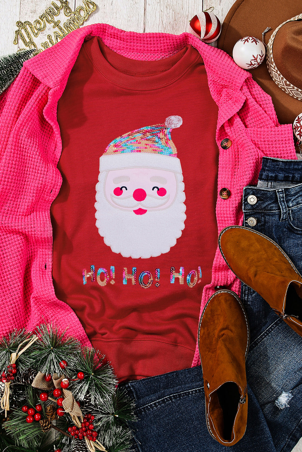 Pink HO HO HO Sequined Santa Claus Graphic Sweatshirt