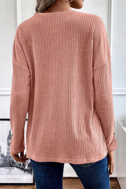 Khaki Drop Shoulder Ribbed Knit Long Sleeve Henley Top