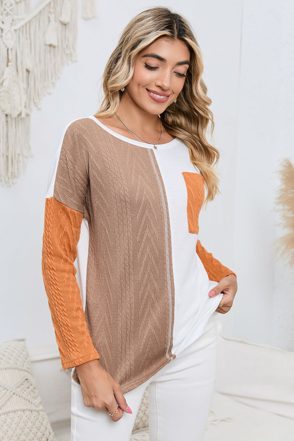 Black Long Sleeve Colorblock Chest Pocket Textured Knit Top