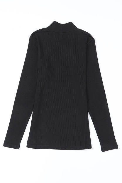 Black Plain Solid Color Ribbed Long Sleeve Mock Neck Top