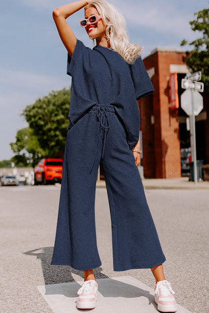 Black Textured Loose Fit T Shirt and Drawstring Pants Set