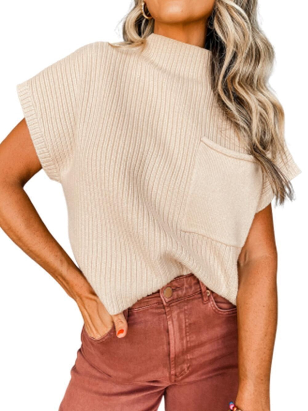 Short Sleeve Half Turtleneck Pullover Leisure Sweater For Women