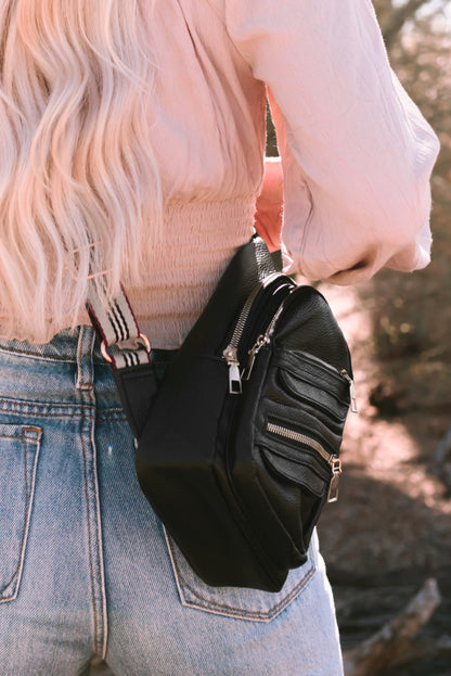 Black Faux Leather Zipped Sling Bag