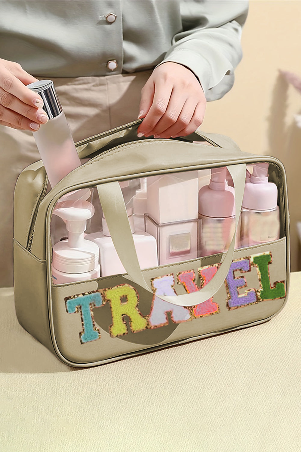 Pink Purple TRAVEL Chenille Letter Clear PVC Makeup Bag