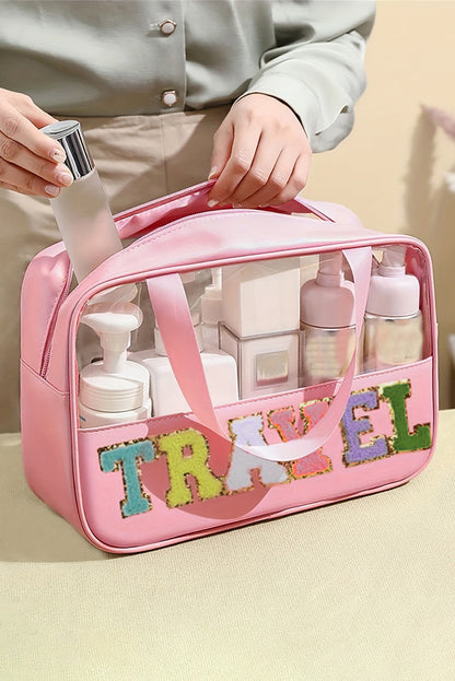 Pink Purple TRAVEL Chenille Letter Clear PVC Makeup Bag