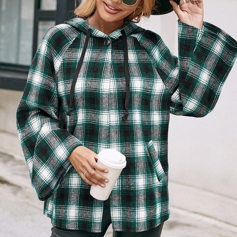 Casual Hooded Cardigan Plaid Shirt Loose Plaid Trench Coat Top