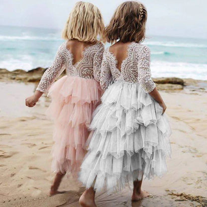 Autumn And Winter Explosions Hollow Children's Skirt Lace Long-sleeved Girls White Princess Dress Irregular Dress