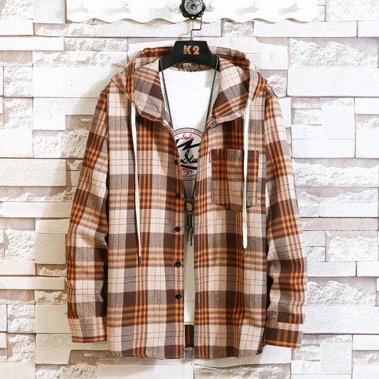 Men's Casual Plaid Youth Hooded Shirt