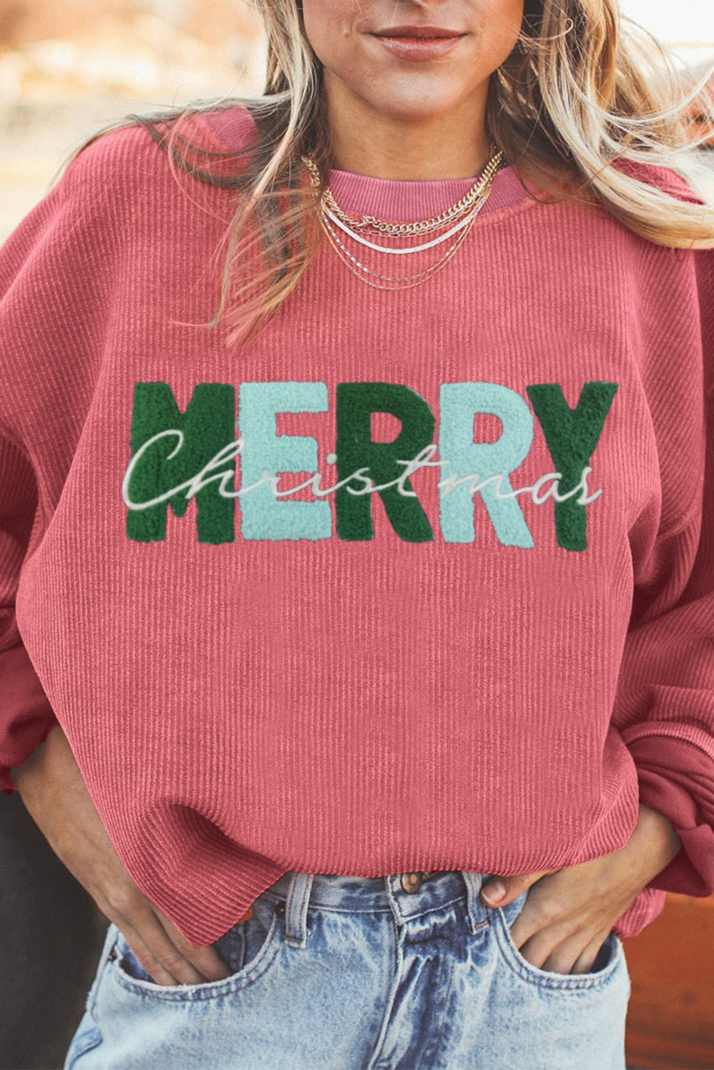 Strawberry Pink MERRY Christmas Corded Graphic Sweatshirt