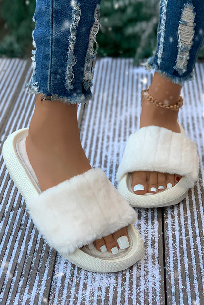 White Comfy Plush Band Open Toe Slippers