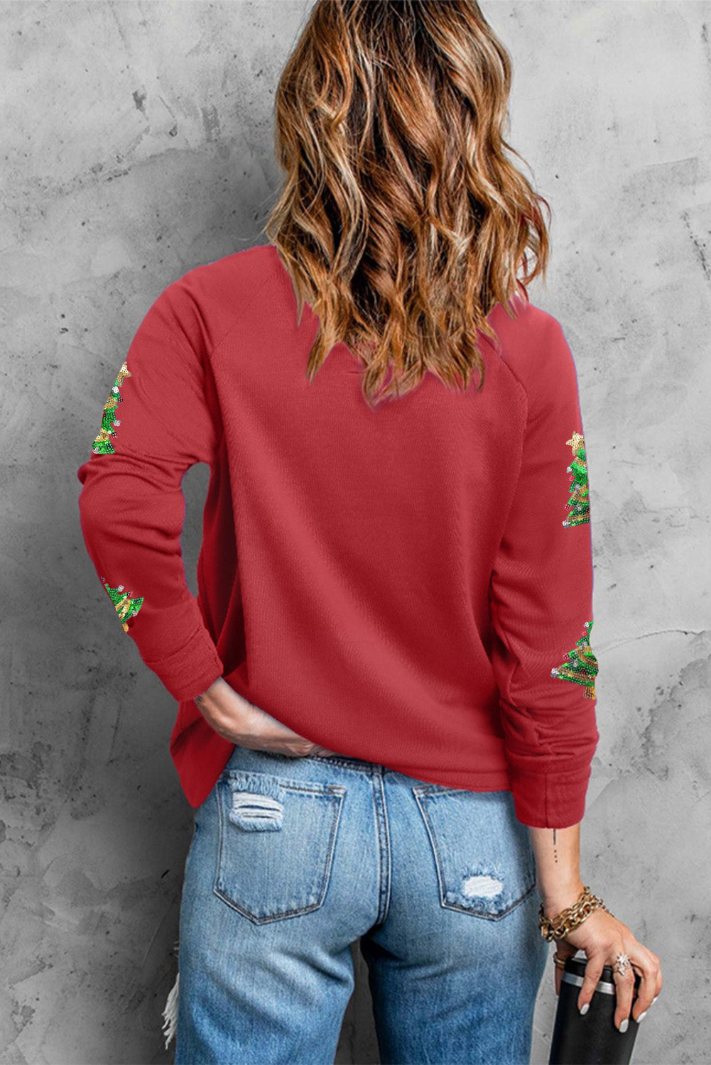 Red Sequined Christmas Tree Raglan Sleeve Graphic Sweatshirt